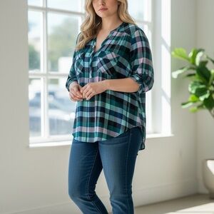 Torrid Harper Plaid Blouse Size 2 Teal Pink Roll Tab Sleeve Lightweight Top